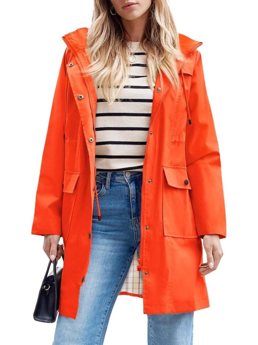 Women's Orange 100% Polyester Hooded Long Waterproof Packable Trench Rain Coat